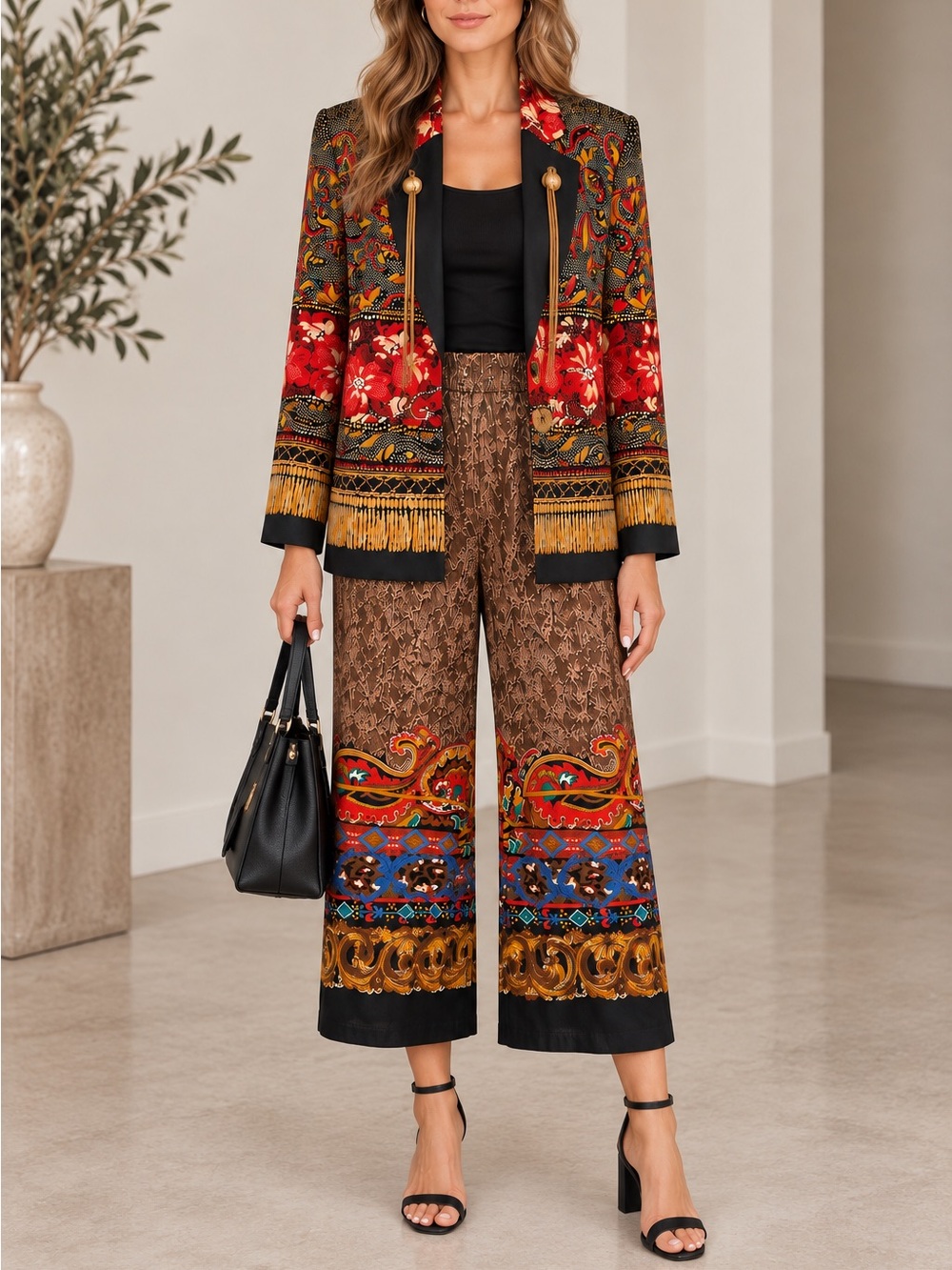 Vintage Carole Little 2 Piece Blazer Pants Set Mixed Print Boho Size 10/8